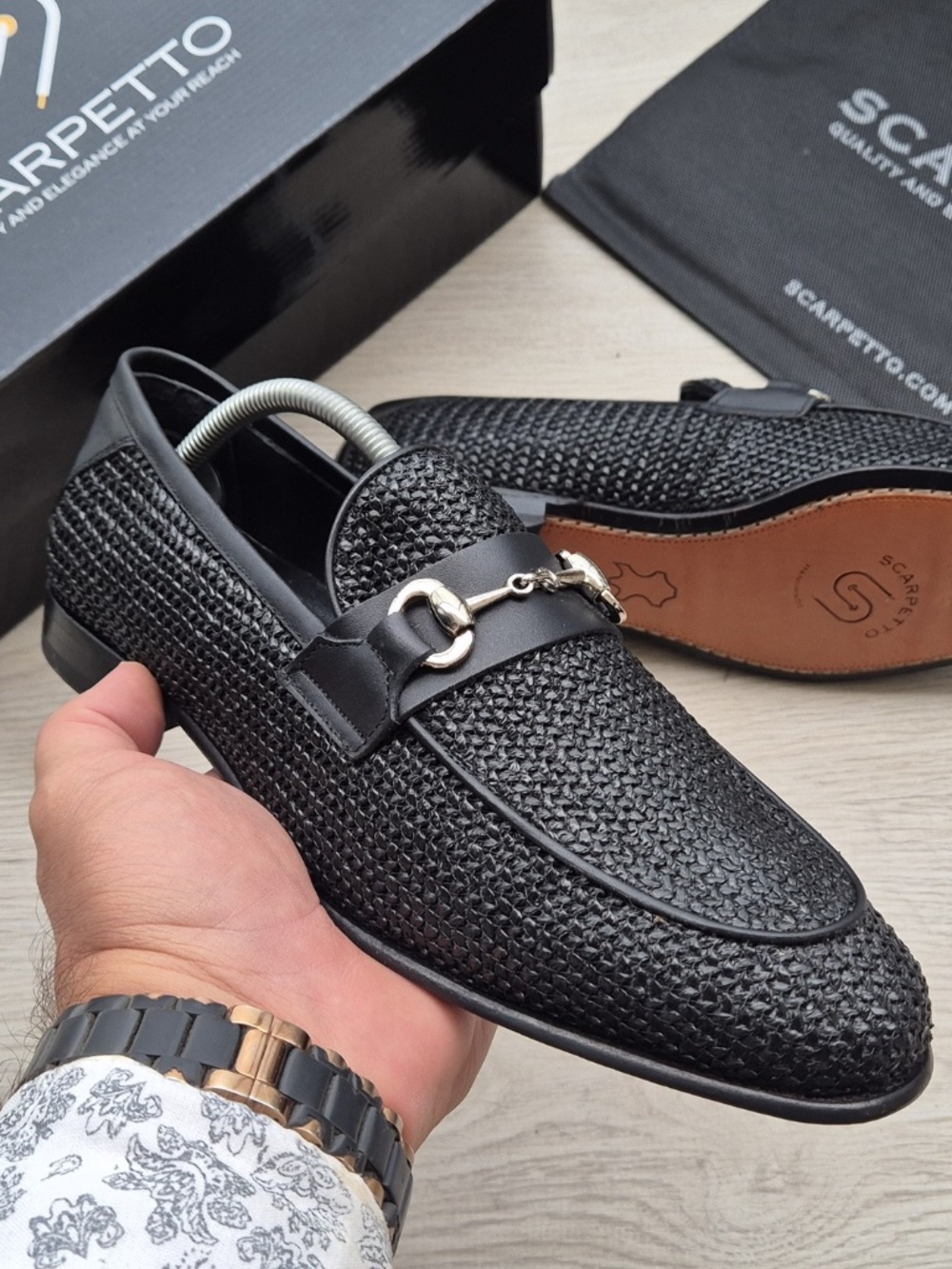 Woven Raffia Loafers with Leather Trim and Horsebit Detail